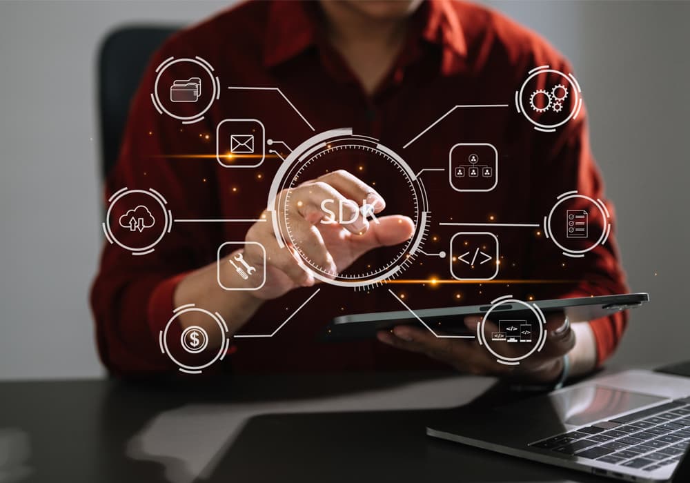 Business owner interacting with a connected digital business system